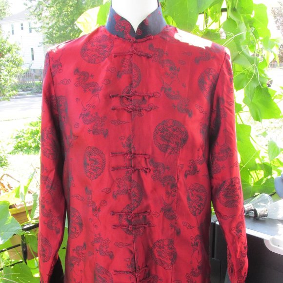 Red and Black Mandarin Style Shirt with Dragons - Picture 2 of 7